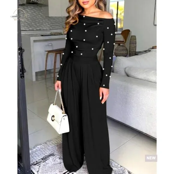 Long Sleeve Jumpsuit with Pearl Decor, Ruched Waist, Regular Fit, Medium - Picture 4 of 7